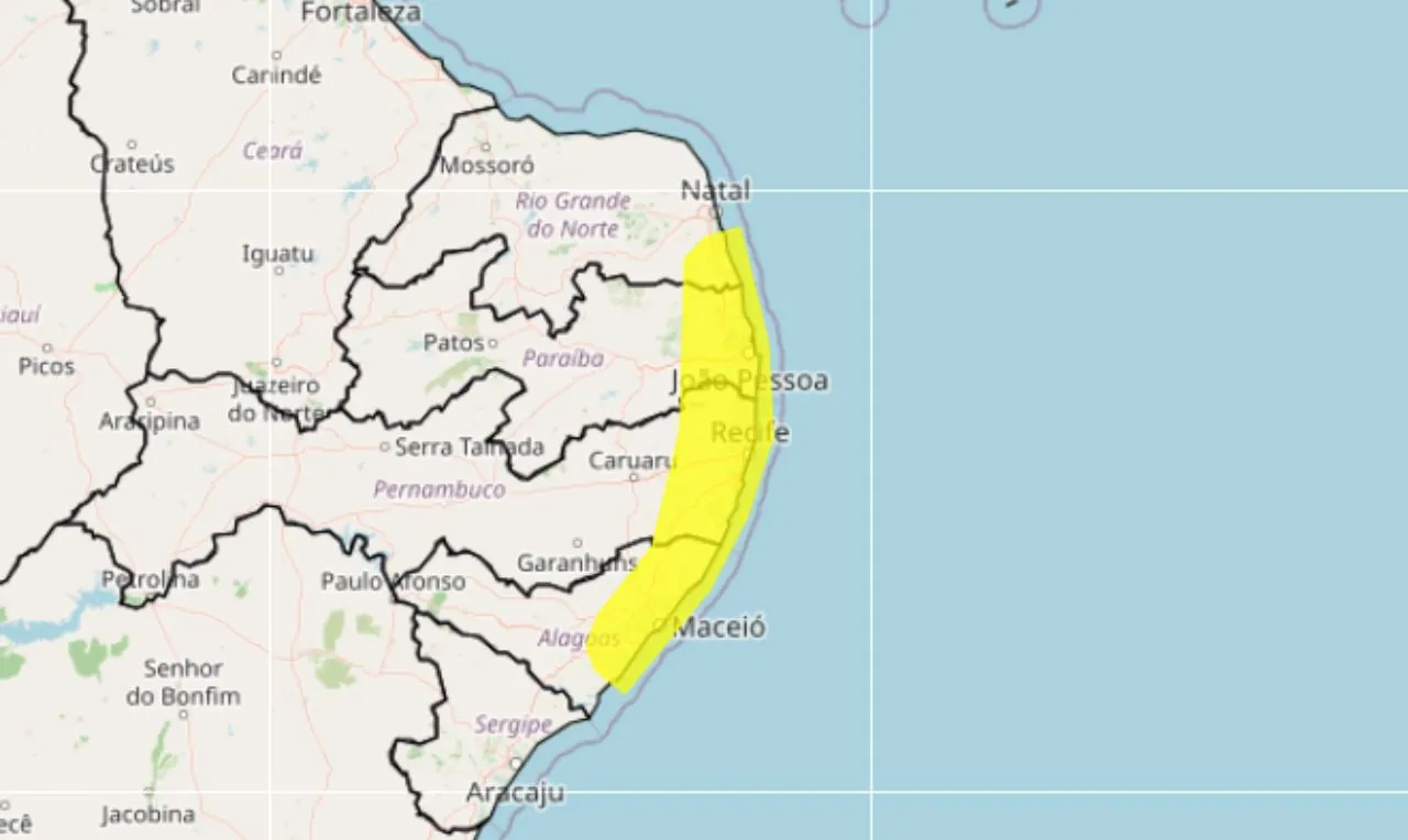 o mapa mostra as &aacute;reas em alerta amarelo para chuva intensa